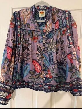 FARM Rio Lavender Botanical Button-Front Blouse with Multicolor Leaves